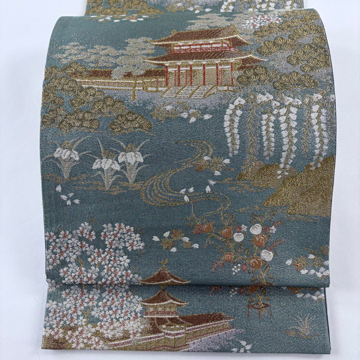 袋帶 秀品級 建築 草花紋紋 金絲 淺綠 六通 純蠶絲