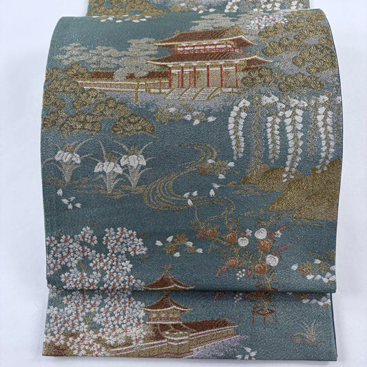 袋帶 秀品級 建築 草花紋紋 金絲 淺綠 六通 純蠶絲