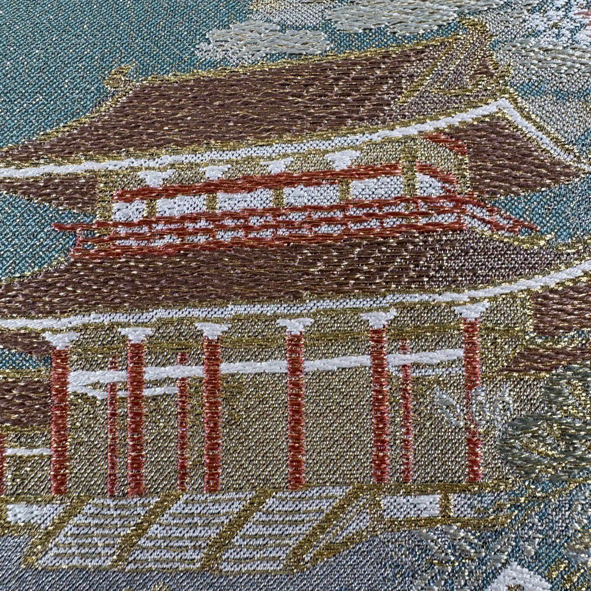 袋帶 秀品級 建築 草花紋紋 金絲 淺綠 六通 純蠶絲
