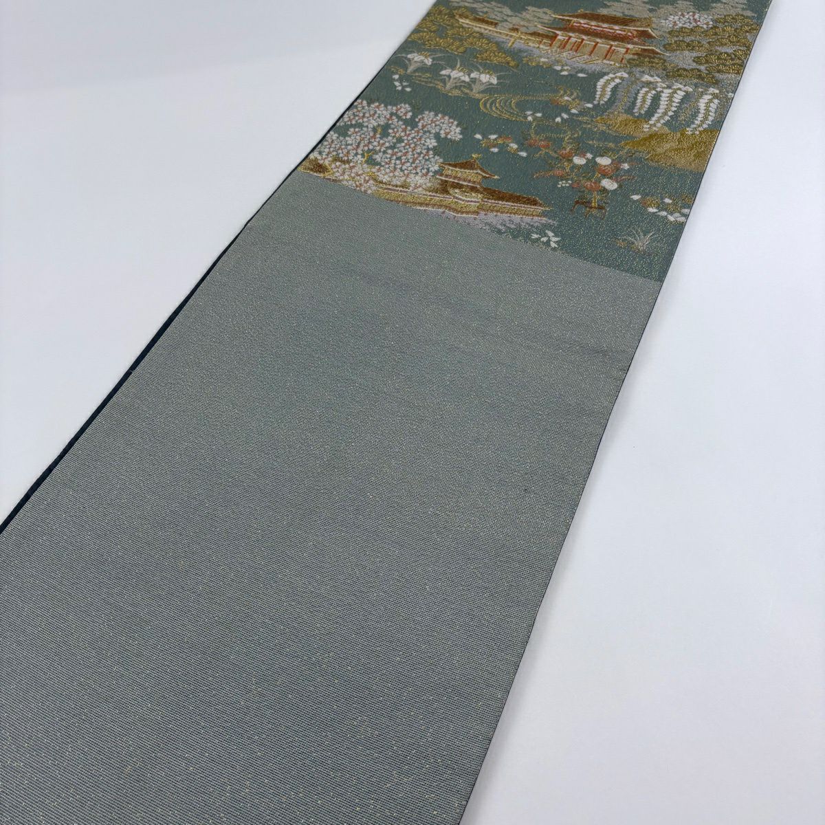 袋帶 秀品級 建築 草花紋紋 金絲 淺綠 六通 純蠶絲