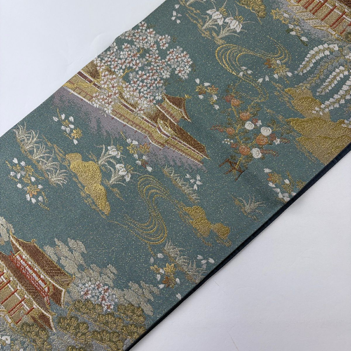 袋帶 秀品級 建築 草花紋紋 金絲 淺綠 六通 純蠶絲