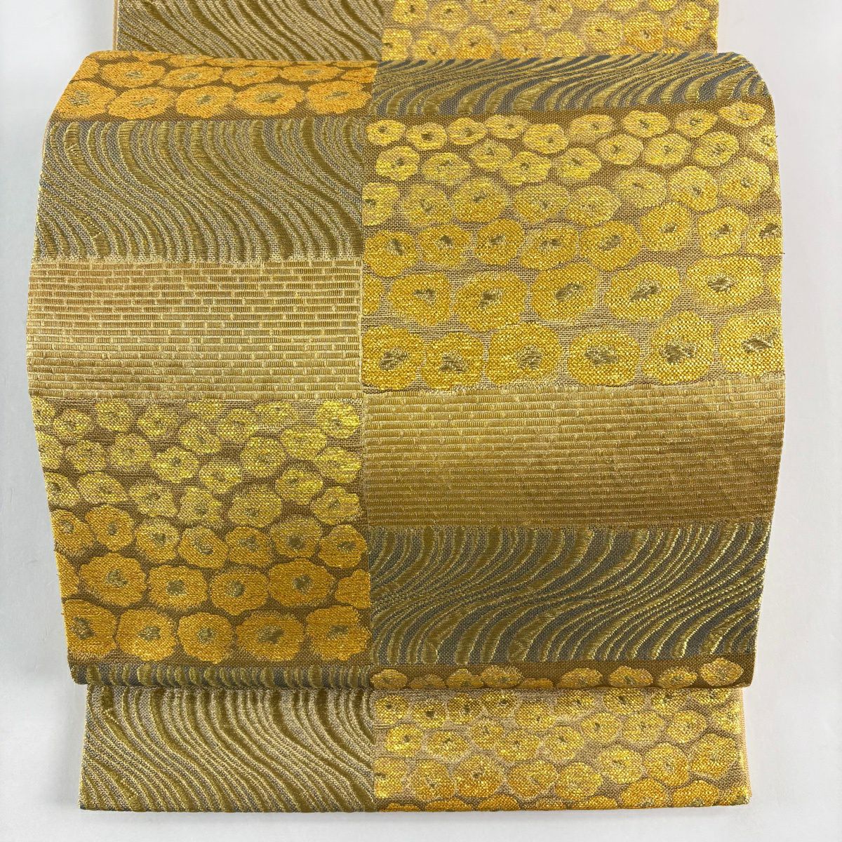【美品】 袋帶 秀品級 羅紗庵 花 流水 金絲 金金箔 金色 六通 純蠶絲