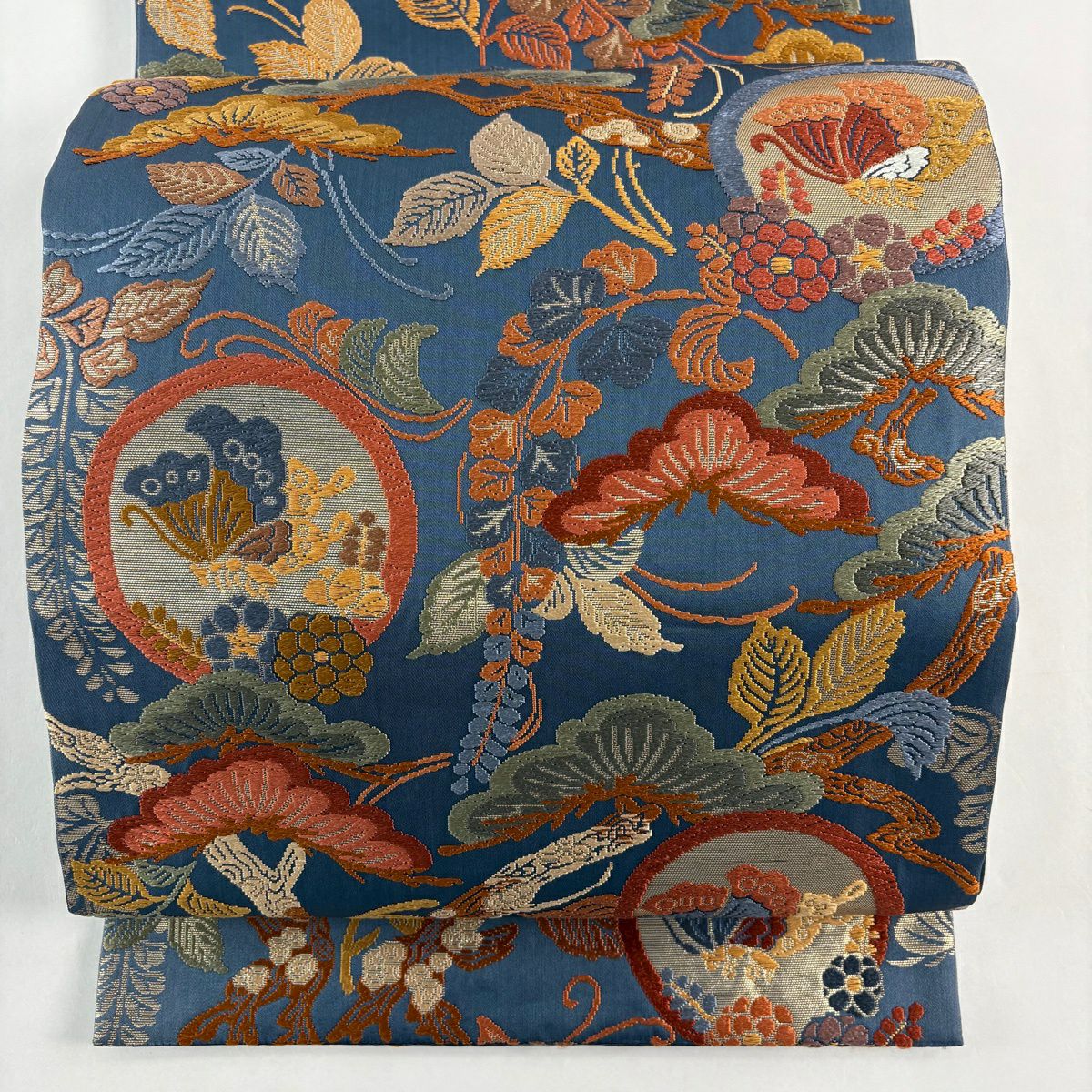 【美品】 袋帶 秀品級 松樹 蝶 唐織 金金箔 青灰 六通 純蠶絲