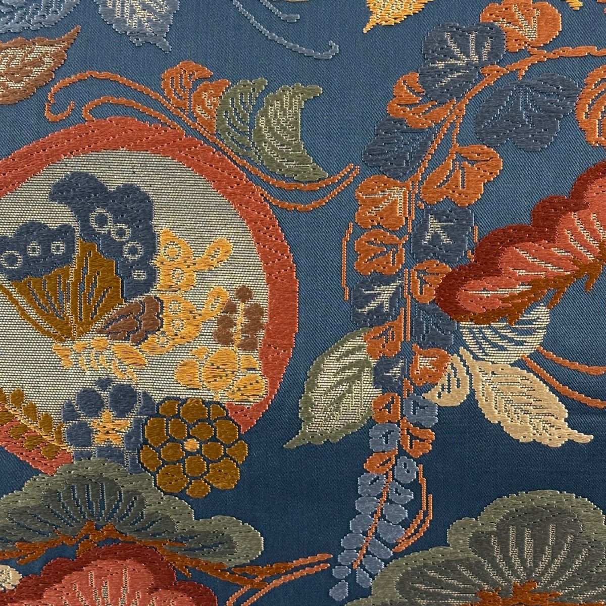 【美品】 袋帶 秀品級 松樹 蝶 唐織 金金箔 青灰 六通 純蠶絲
