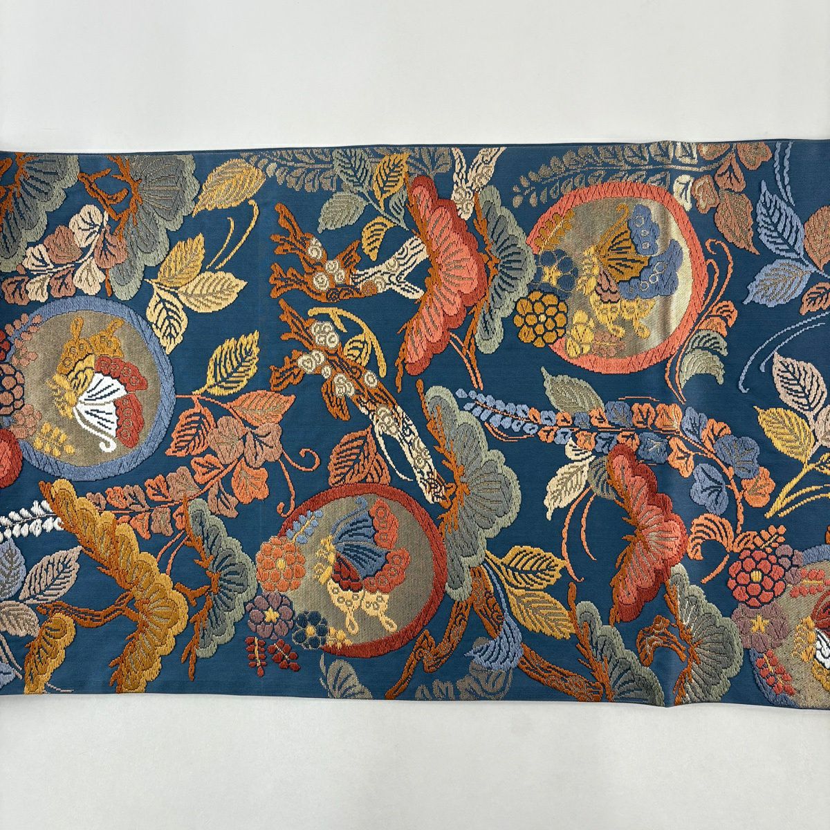 【美品】 袋帶 秀品級 松樹 蝶 唐織 金金箔 青灰 六通 純蠶絲