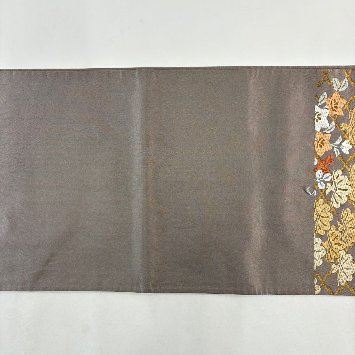 袋帶 秀品級 秋草 笠松樹 唐織 金金箔 灰茶 六通 純蠶絲