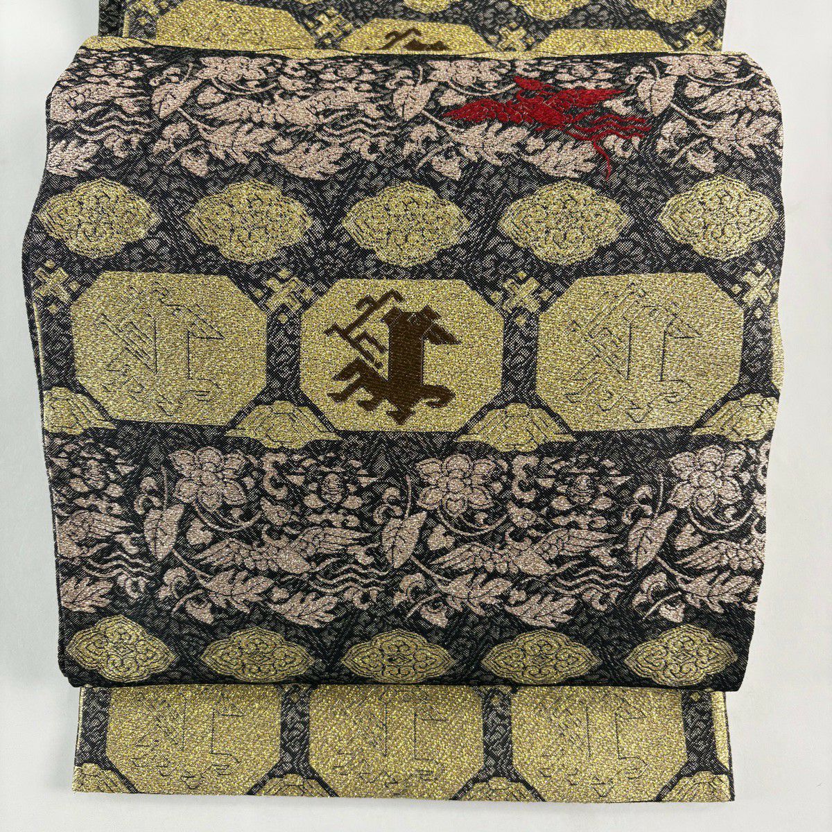 【美品】 袋帶 秀品級 花鳥 華紋 金金箔 墨 深藍 六通 純蠶絲