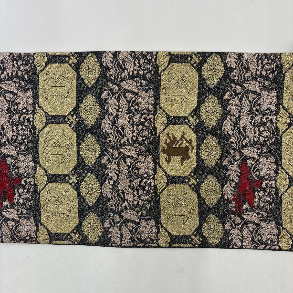 【美品】 袋帶 秀品級 花鳥 華紋 金金箔 墨 深藍 六通 純蠶絲