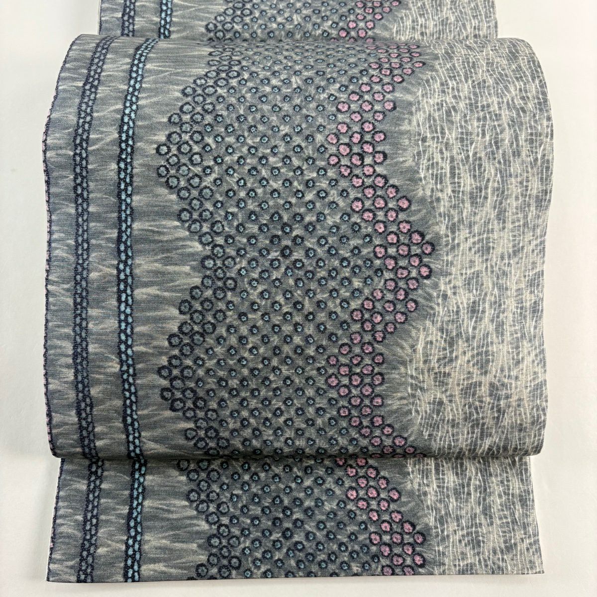 【美品】 袋帶 秀品級 條紋 幾何圖案 灰綠 全通 純蠶絲