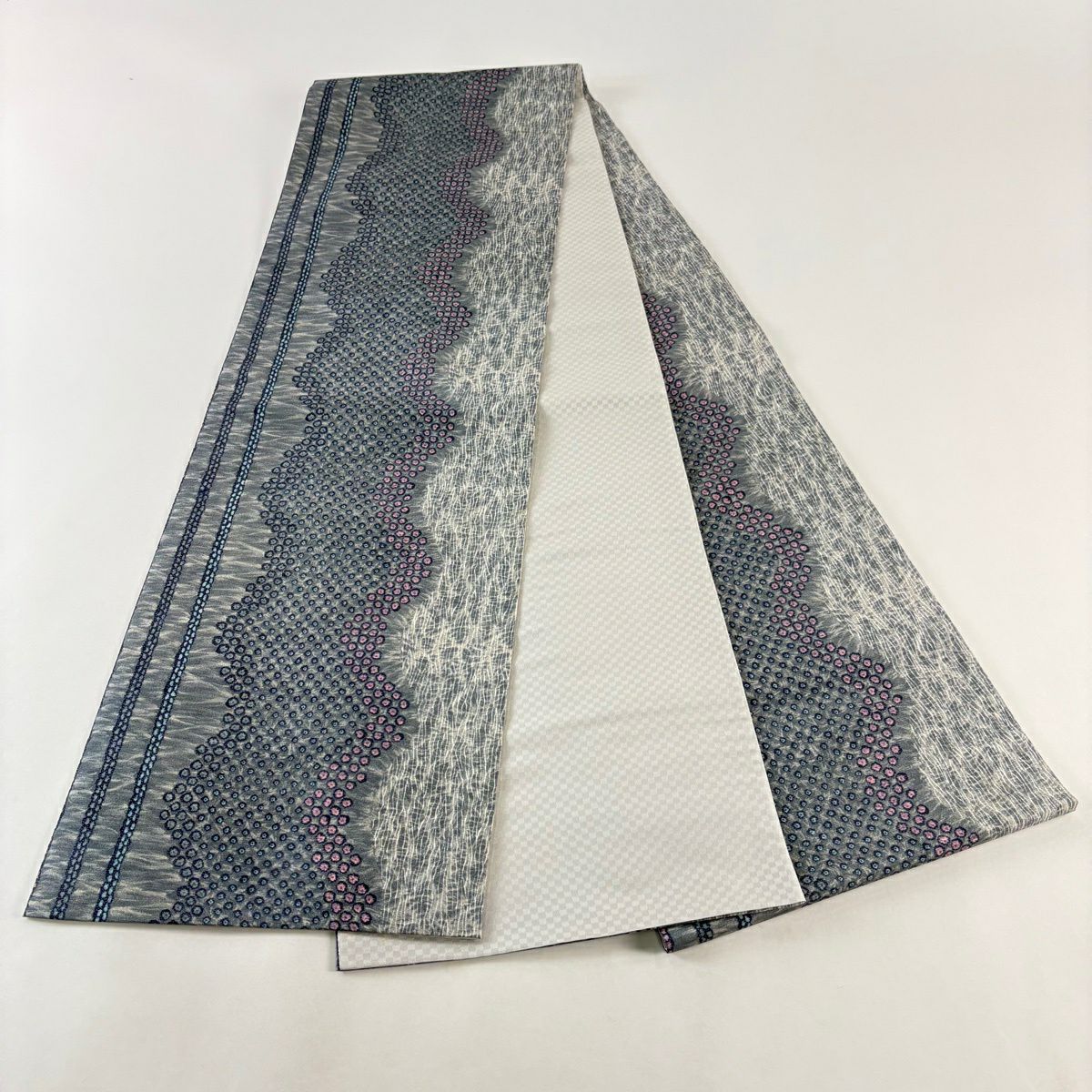 【美品】 袋帶 秀品級 條紋 幾何圖案 灰綠 全通 純蠶絲