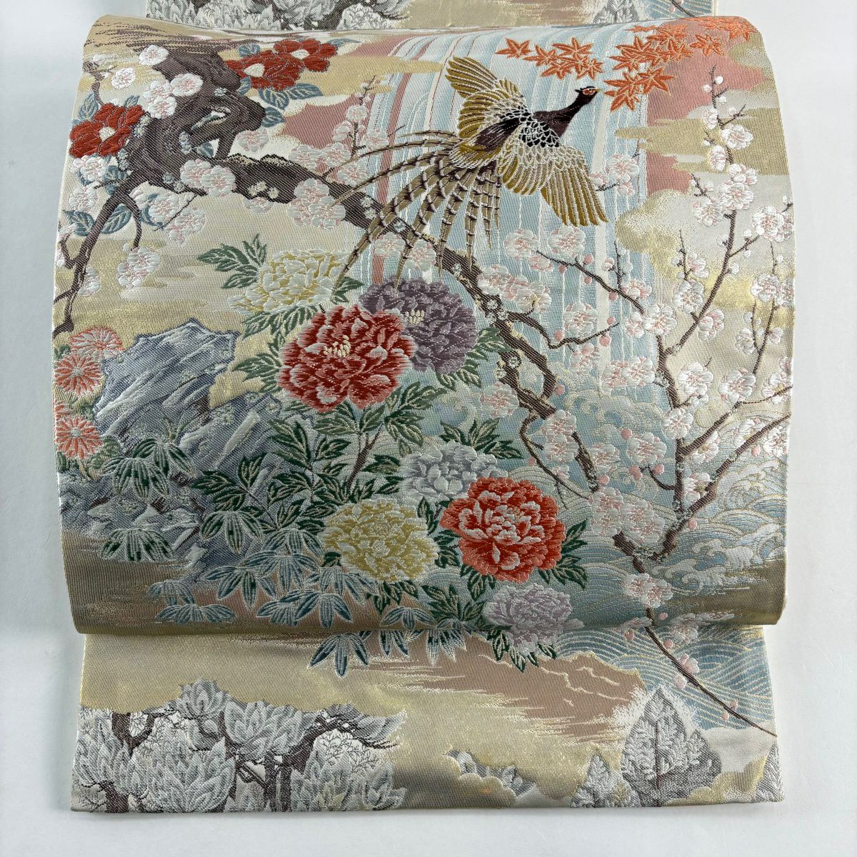 袋帶 秀品級 鳳凰 松樹竹子梅花 金糸 金金箔 米色 六通 純蠶絲