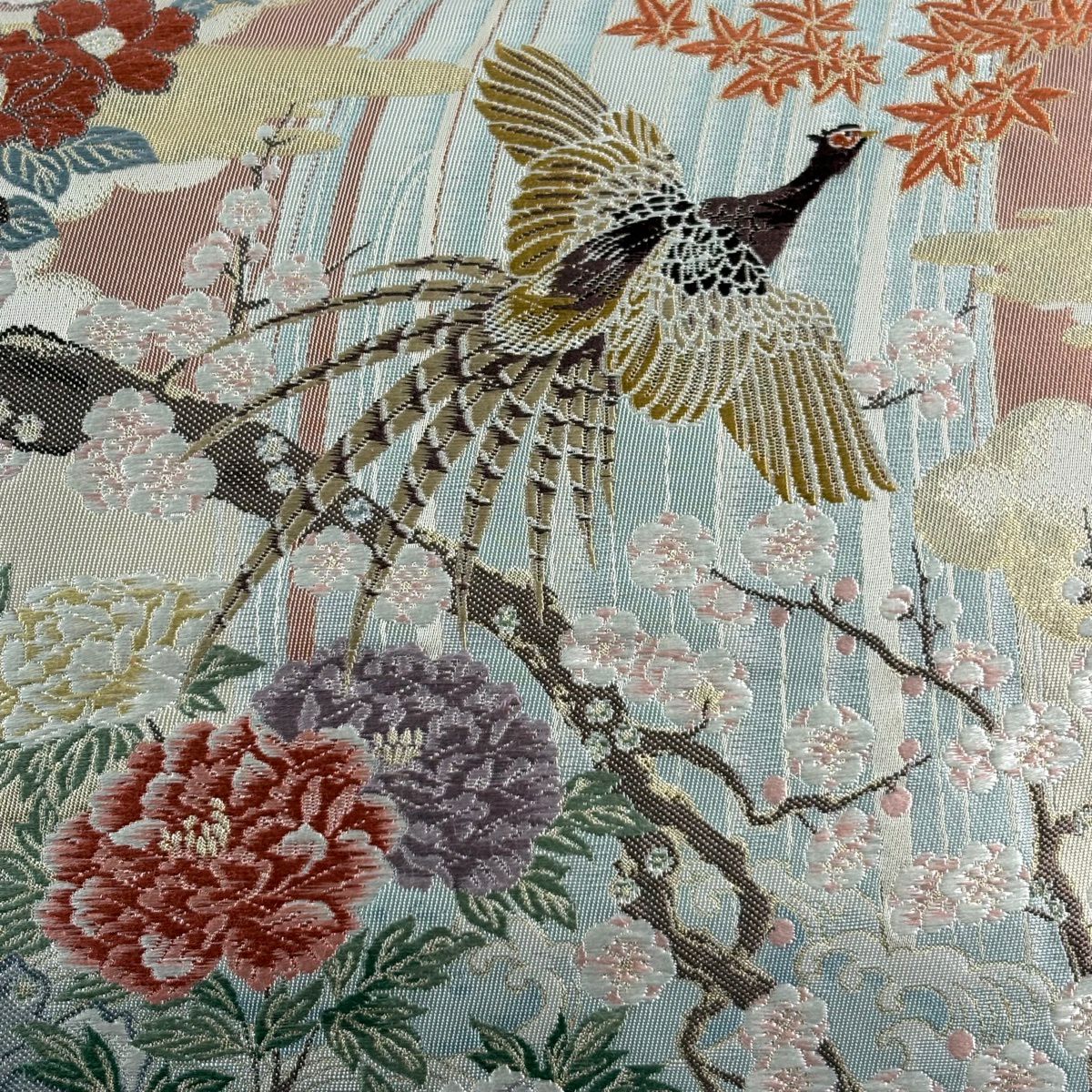 袋帶 秀品級 鳳凰 松樹竹子梅花 金糸 金金箔 米色 六通 純蠶絲