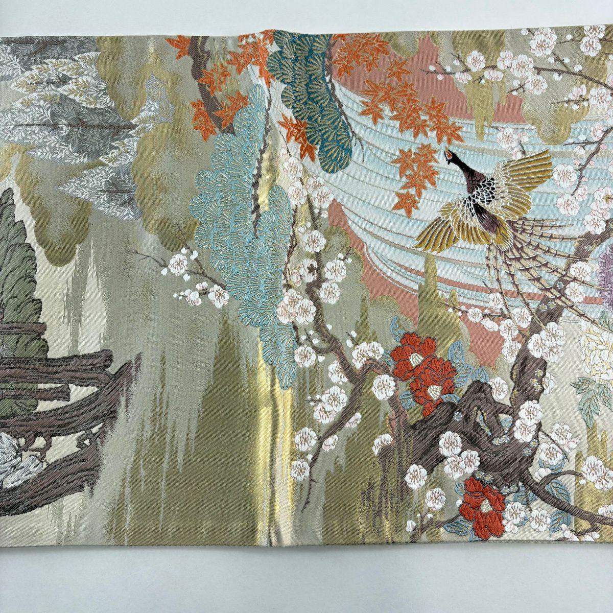 袋帶 秀品級 鳳凰 松樹竹子梅花 金糸 金金箔 米色 六通 純蠶絲