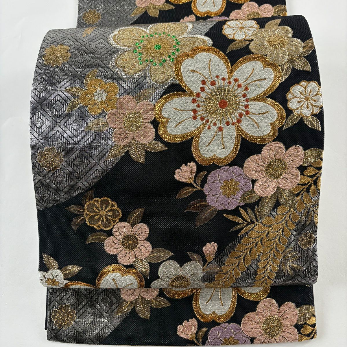 【美品】 袋帶 秀品級櫻花梅花金銀線金金箔黑六通純蠶絲