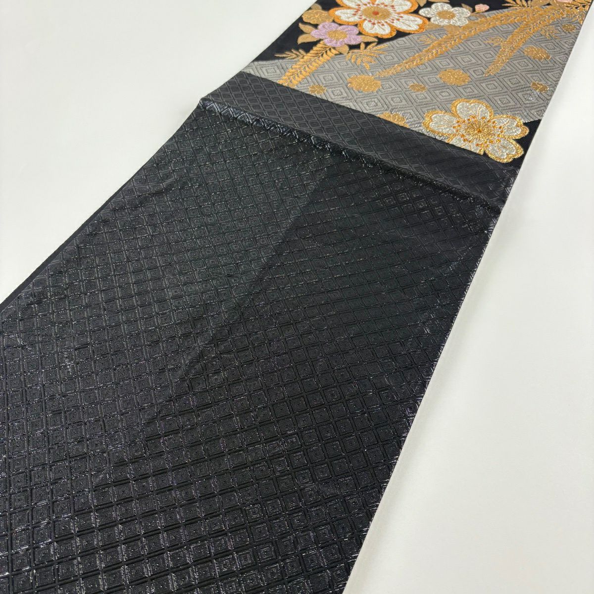 【美品】 袋帶 秀品級櫻花梅花金銀線金金箔黑六通純蠶絲