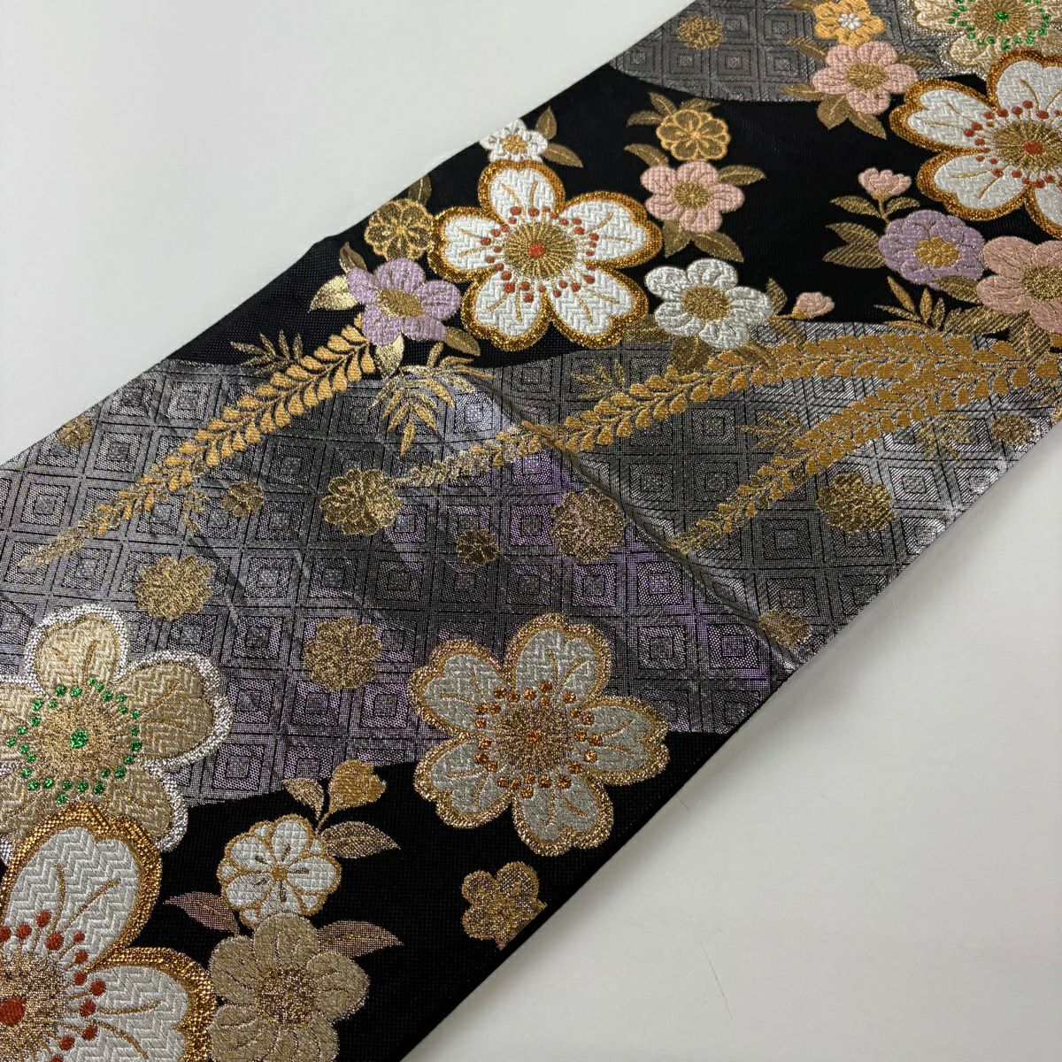 【美品】 袋帶 秀品級櫻花梅花金銀線金金箔黑六通純蠶絲