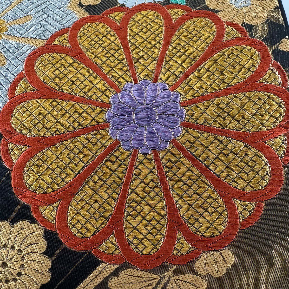 袋帶 秀品級 菊花 草花紋 金銀彩 金金箔 黑 六通 純蠶絲
