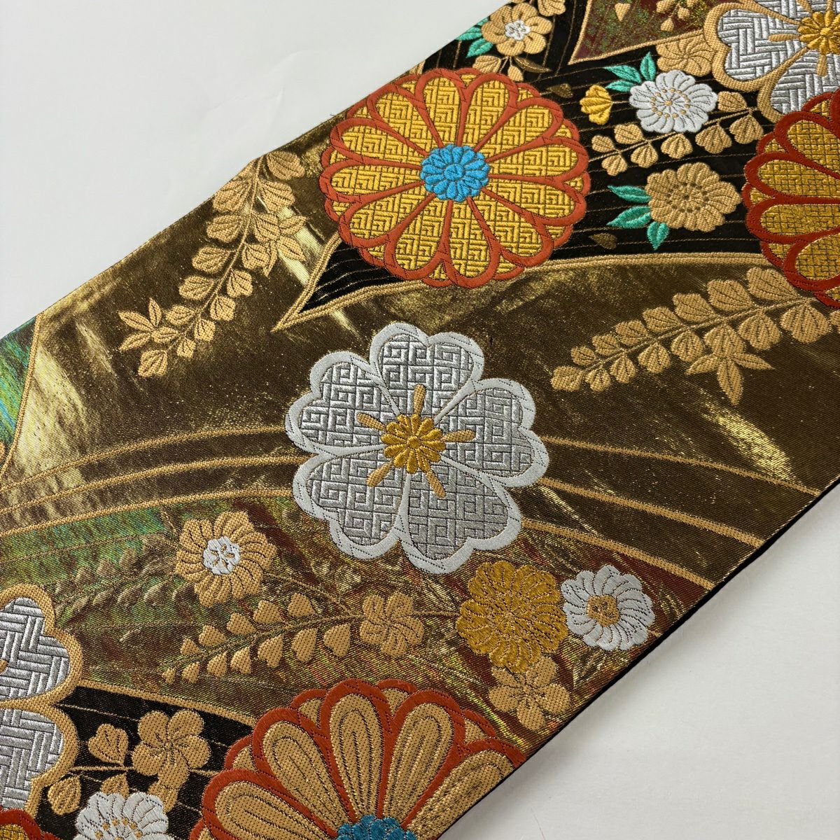袋帶 秀品級 菊花 草花紋 金銀彩 金金箔 黑 六通 純蠶絲