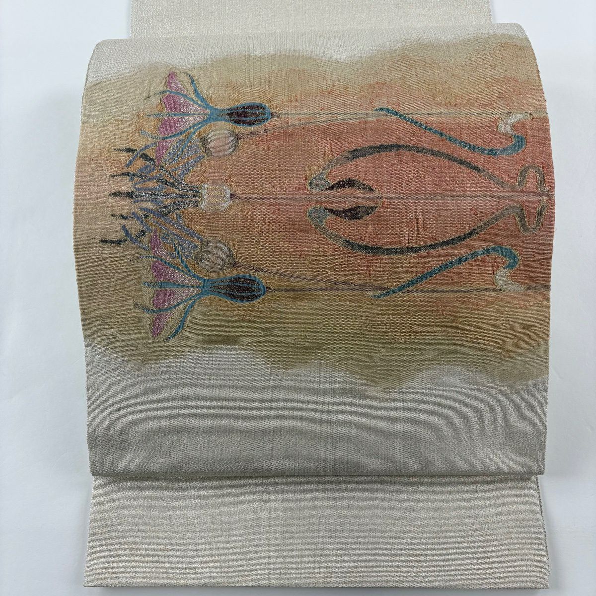 【美品】 袋帶 秀品級 草花紋 幾何圖案 金通 金金箔 米色 大鼓圖案 純蠶絲