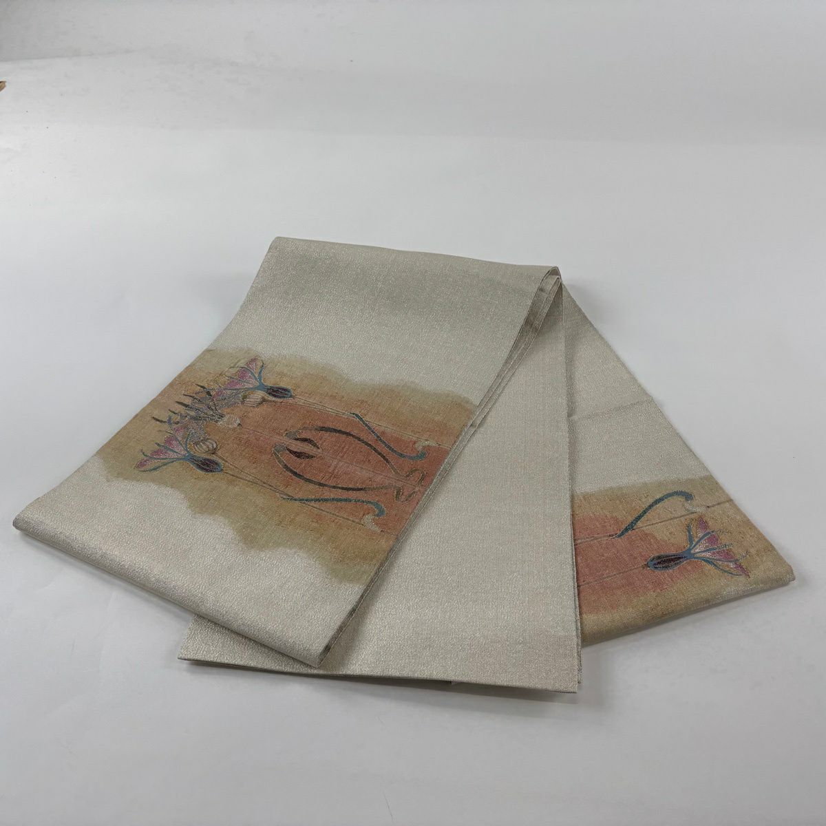 【美品】 袋帶 秀品級 草花紋 幾何圖案 金通 金金箔 米色 大鼓圖案 純蠶絲