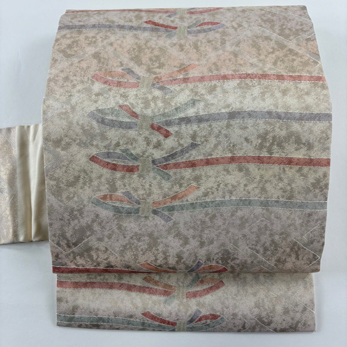 名古屋帶 秀品級 有落款 繩 幾何圖案 金絲 金金箔 米色 純蠶絲