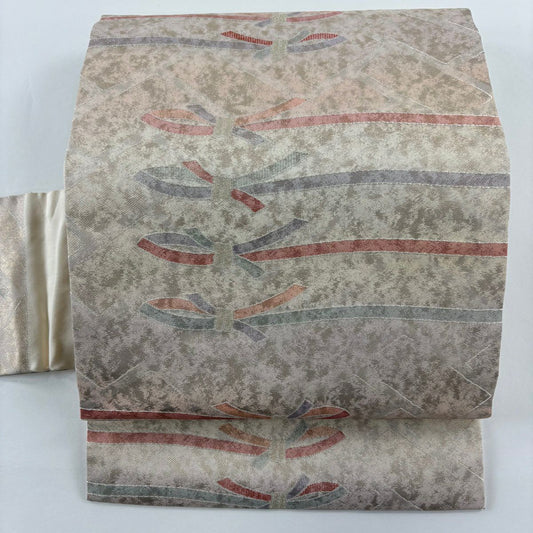 名古屋帶 秀品級 有落款 繩 幾何圖案 金絲 金金箔 米色 純蠶絲