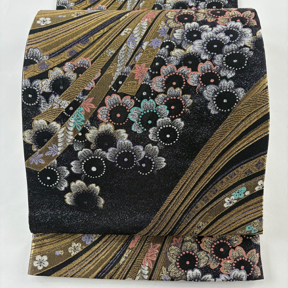 【美品】 袋帶 秀品級 草花紋紋 蔓帶 金絲 金金箔 深藍 六通 純蠶絲