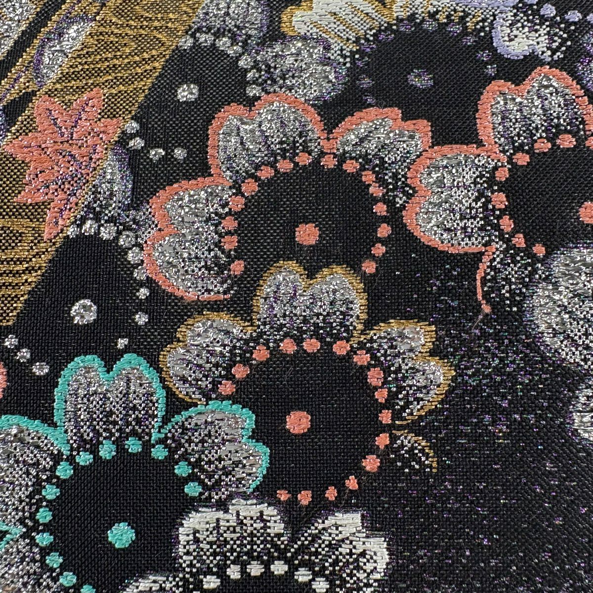 【美品】 袋帶 秀品級 草花紋紋 蔓帶 金絲 金金箔 深藍 六通 純蠶絲