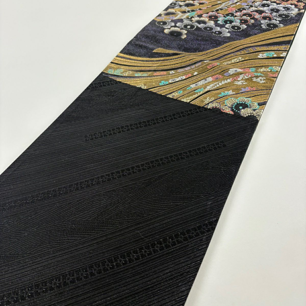 【美品】 袋帶 秀品級 草花紋紋 蔓帶 金絲 金金箔 深藍 六通 純蠶絲