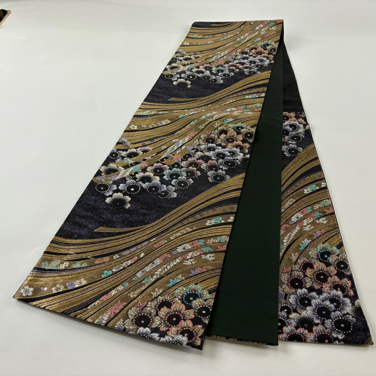 【美品】 袋帶 秀品級 草花紋紋 蔓帶 金絲 金金箔 深藍 六通 純蠶絲