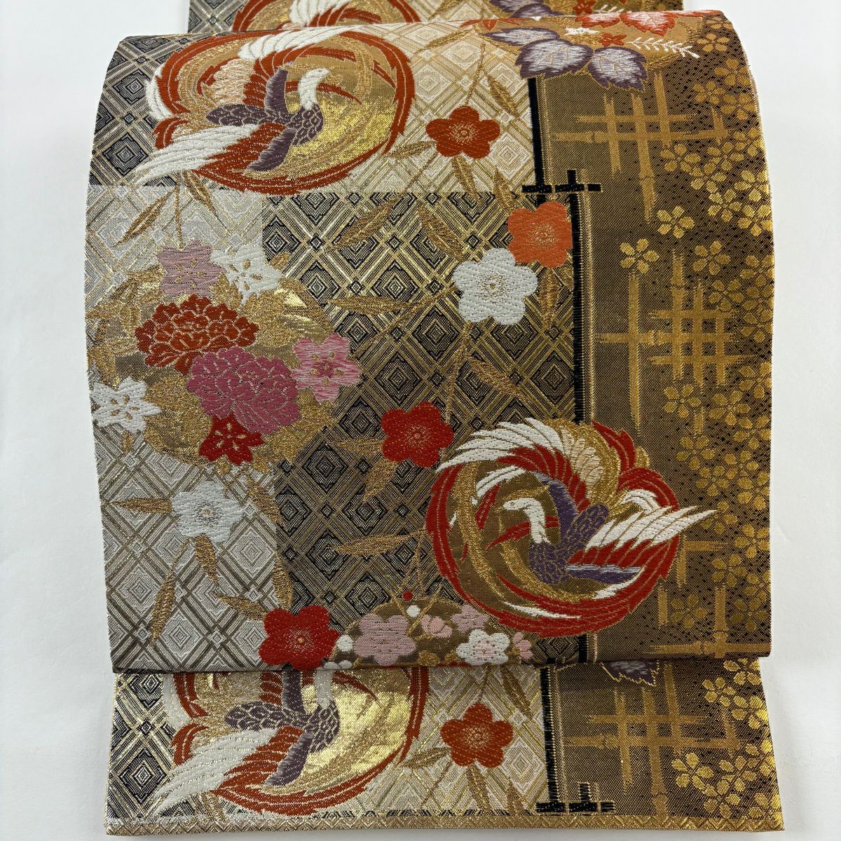 【美品】 袋帶 秀品級 鳥丸紋 梅花 金絲 金金箔 奶油 六通 純蠶絲