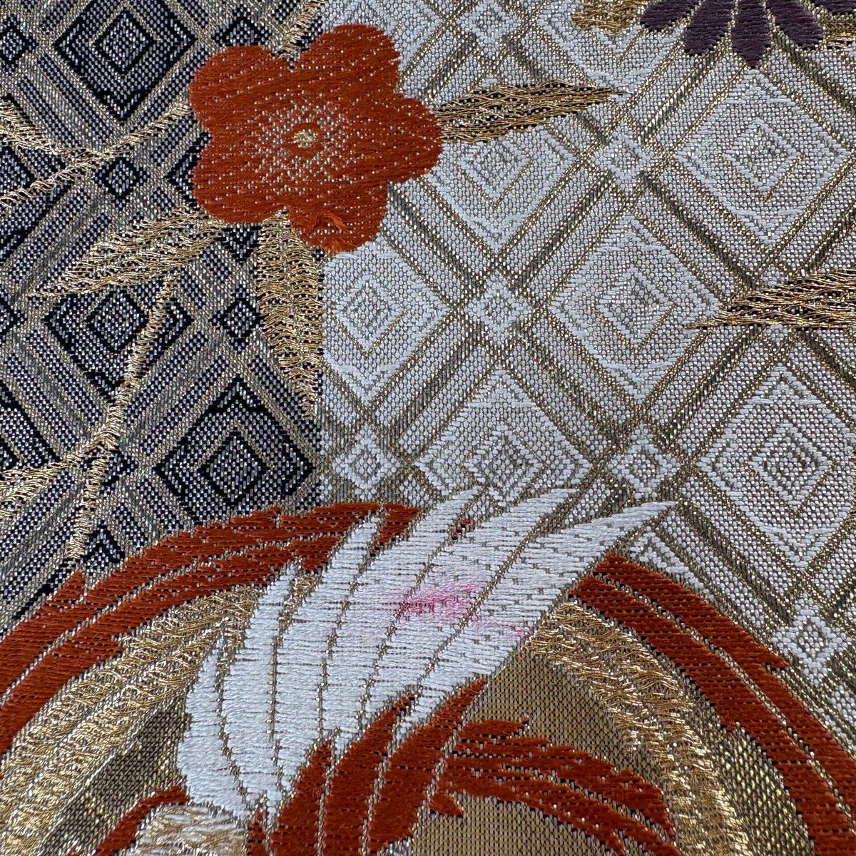 【美品】 袋帶 秀品級 鳥丸紋 梅花 金絲 金金箔 奶油 六通 純蠶絲