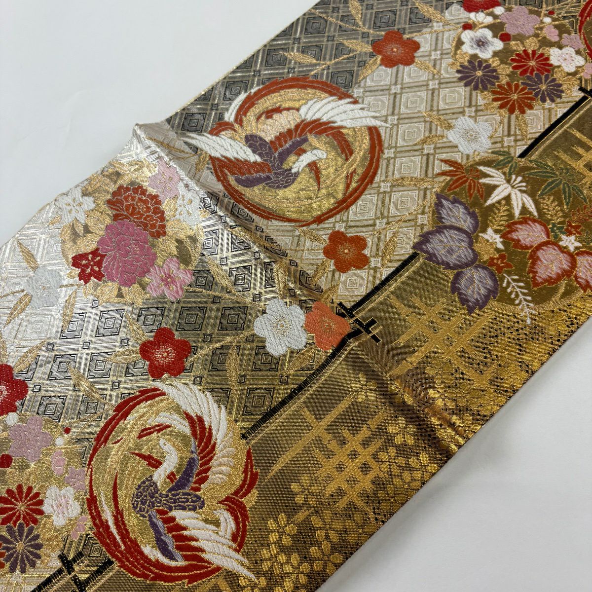 【美品】 袋帶 秀品級 鳥丸紋 梅花 金絲 金金箔 奶油 六通 純蠶絲