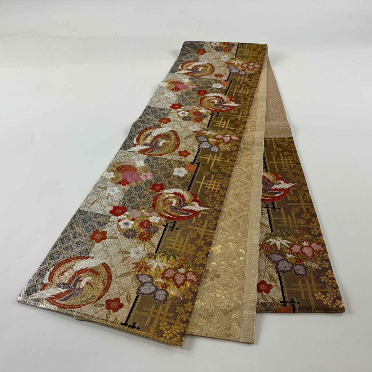 【美品】 袋帶 秀品級 鳥丸紋 梅花 金絲 金金箔 奶油 六通 純蠶絲