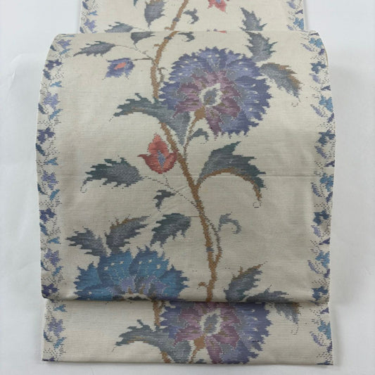 袋帶 秀品級 草花紋紋 奶油色 六通 純蠶絲