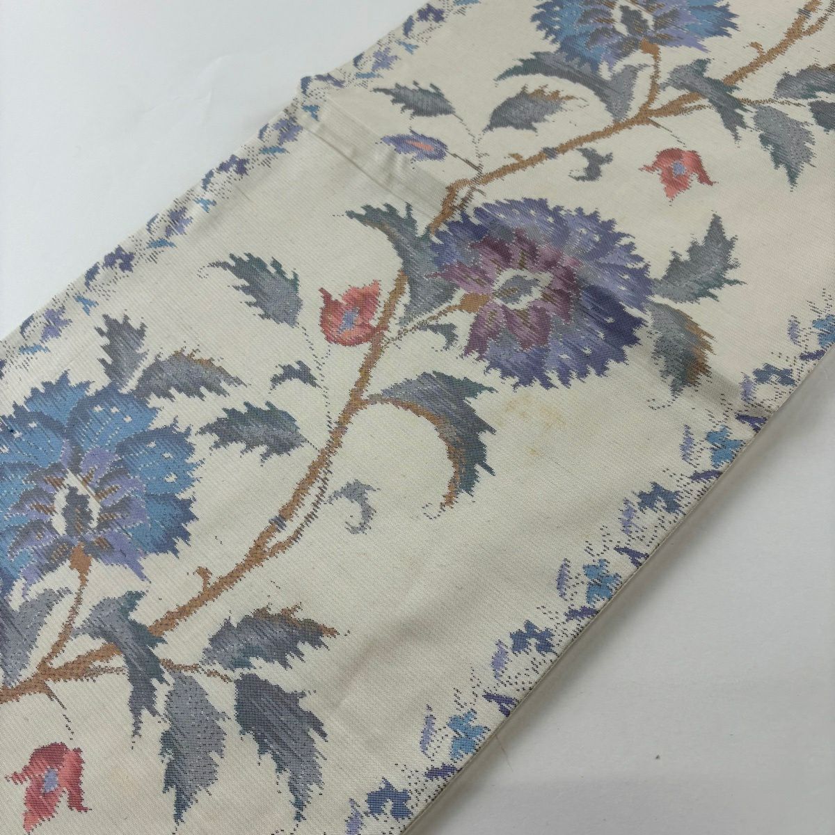 袋帶 秀品級 草花紋紋 奶油色 六通 純蠶絲