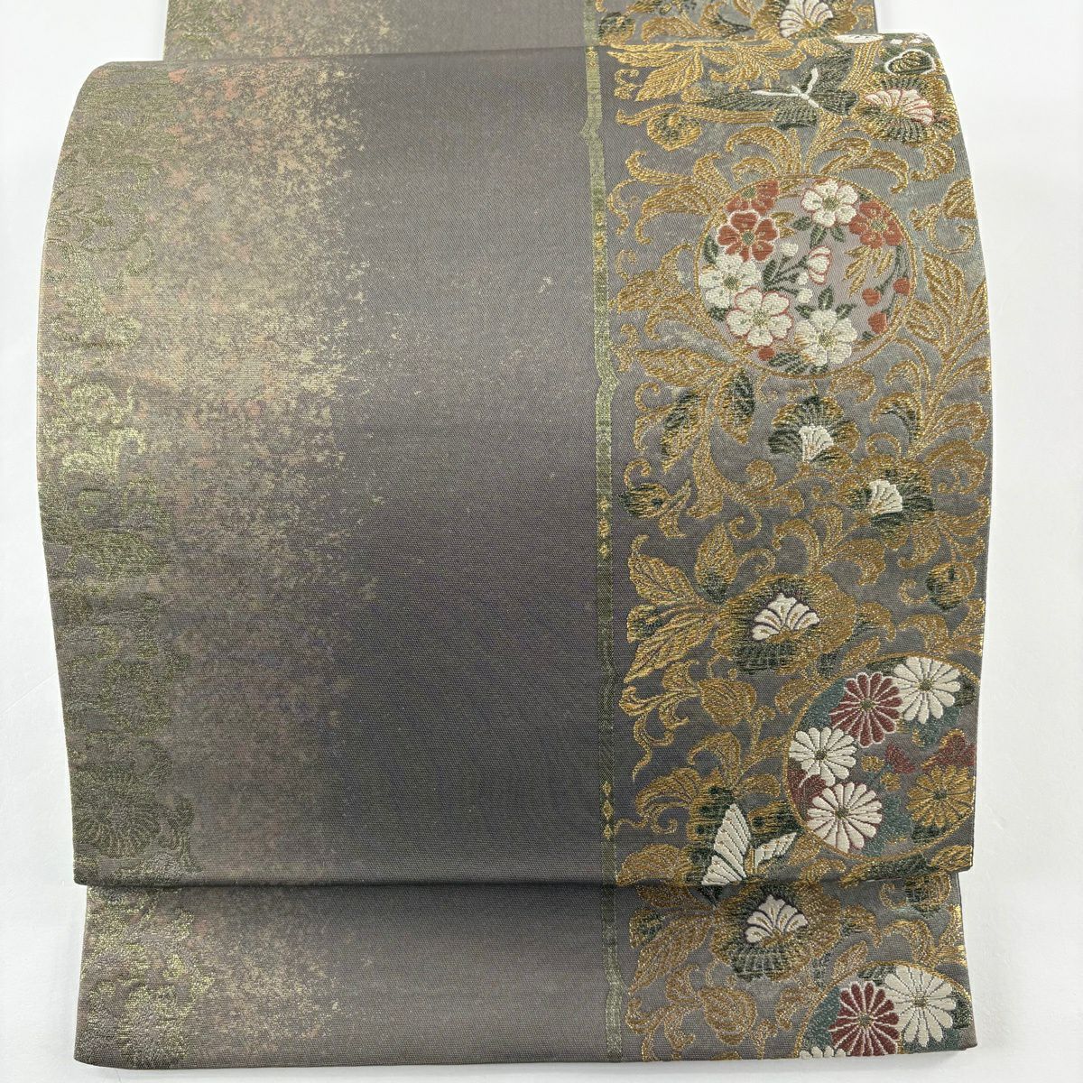 袋帶 秀品級 草花紋紋 花唐草紋 金絲 金金箔 灰茶 六通 純蠶絲