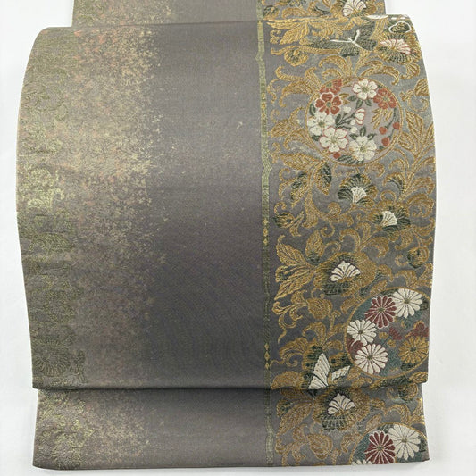 袋帶 秀品級 草花紋紋 花唐草紋 金絲 金金箔 灰茶 六通 純蠶絲