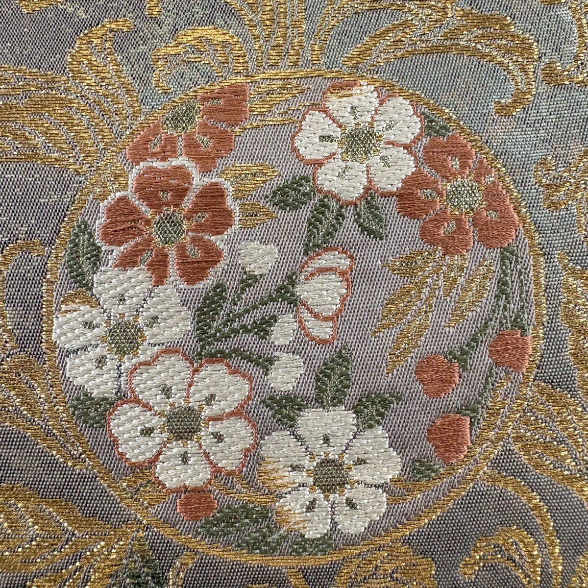 袋帶 秀品級 草花紋紋 花唐草紋 金絲 金金箔 灰茶 六通 純蠶絲