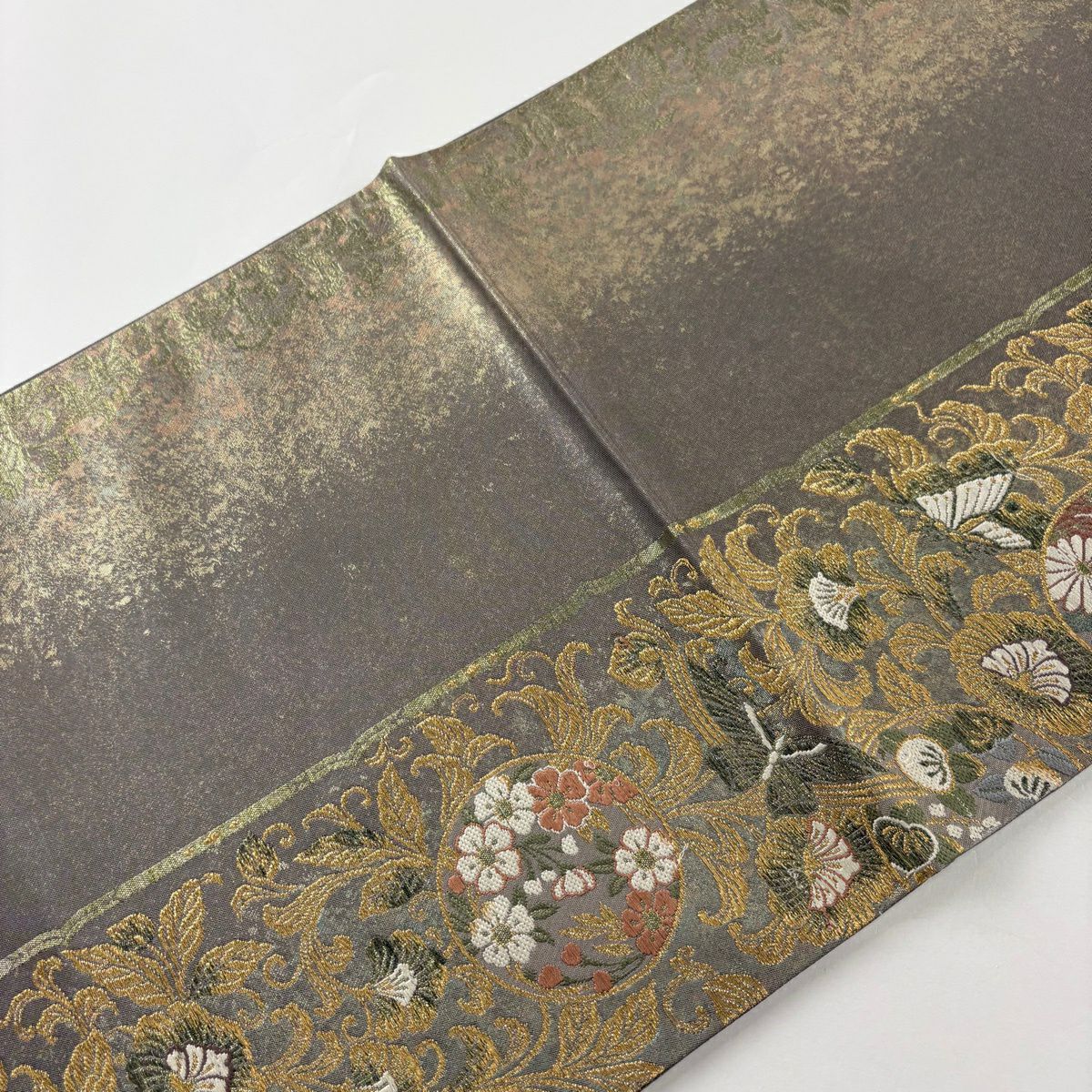 袋帶 秀品級 草花紋紋 花唐草紋 金絲 金金箔 灰茶 六通 純蠶絲