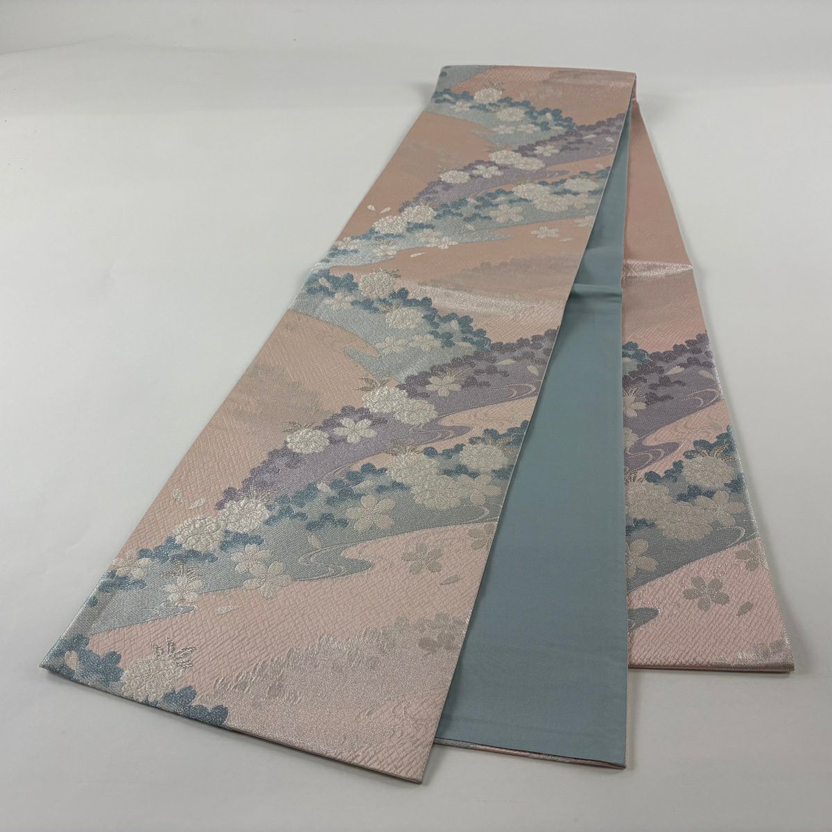 袋帶 秀品級 樱花 流水 金金箔 淡粉色 六通 純蠶絲