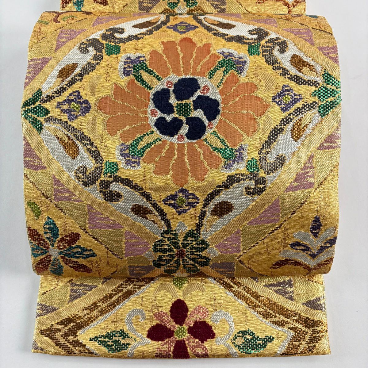 【美品】 袋帶 秀品級 落款 花 幾何圖案 金金箔 金色 六通 純蠶絲