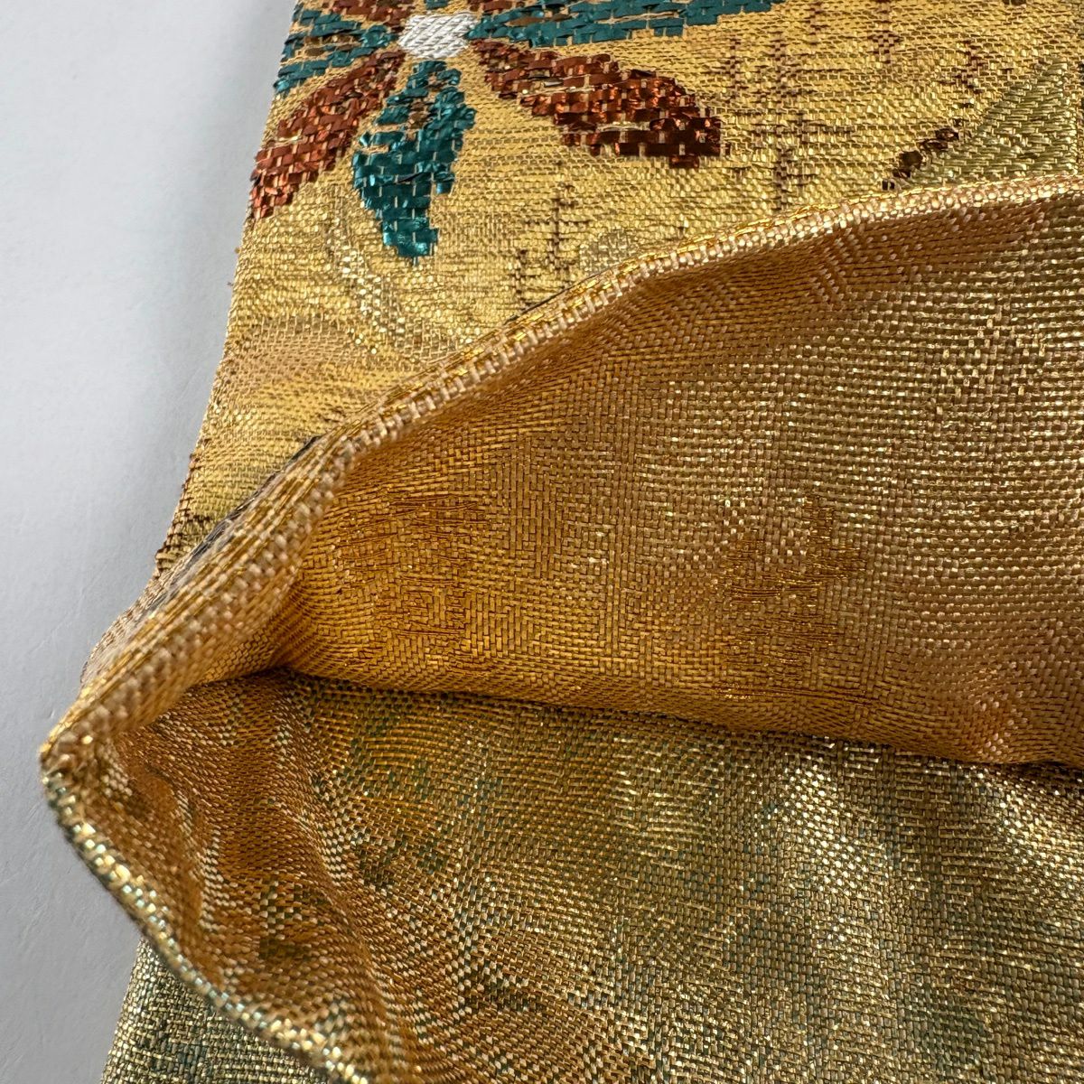 【美品】 袋帶 秀品級 落款 花 幾何圖案 金金箔 金色 六通 純蠶絲