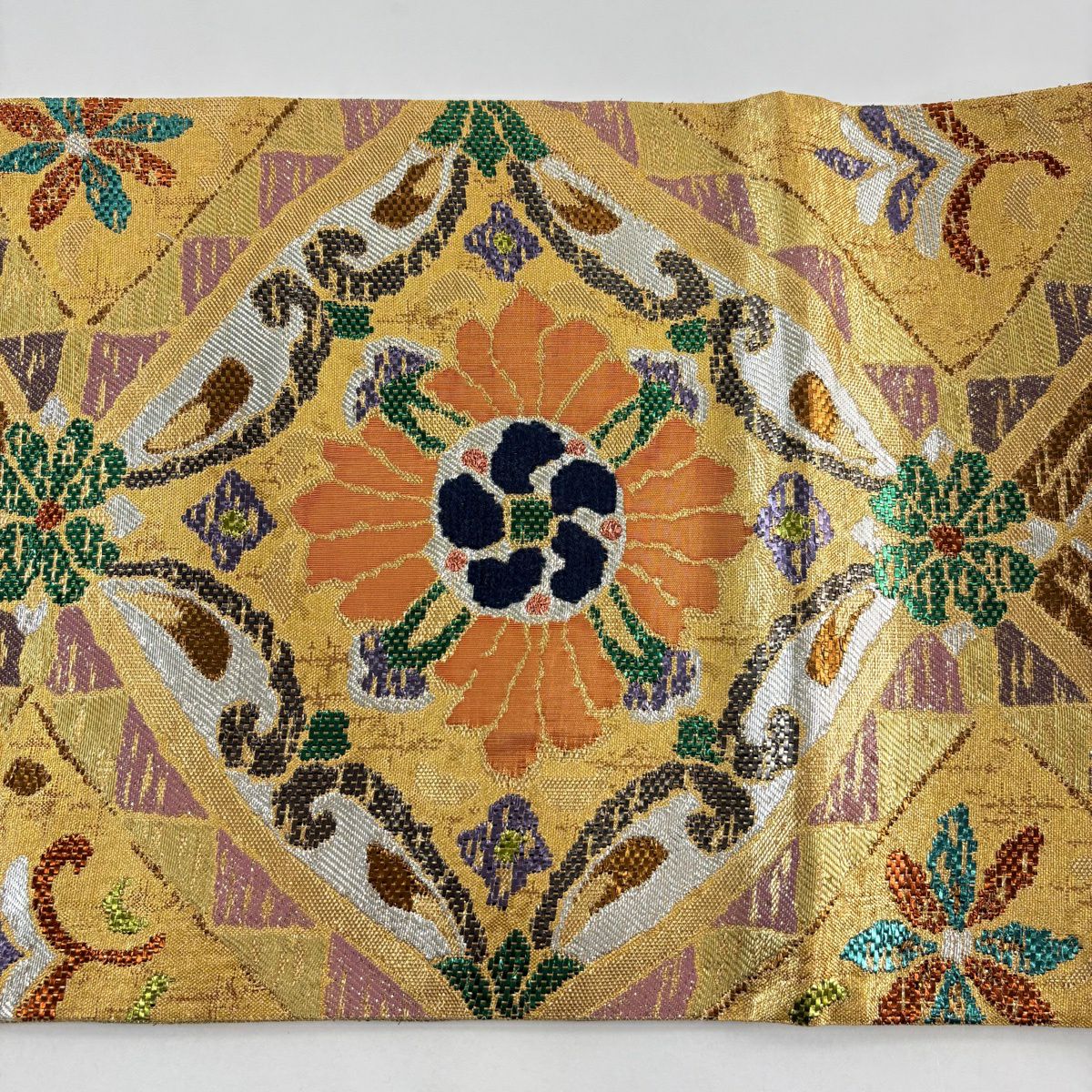【美品】 袋帶 秀品級 落款 花 幾何圖案 金金箔 金色 六通 純蠶絲