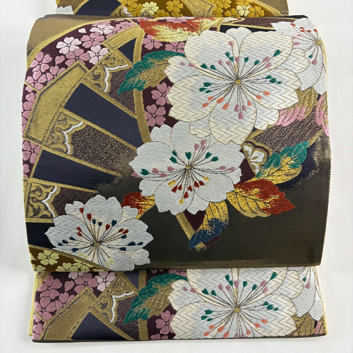 【美品】 袋帶 秀品級櫻花 源氏車 金絲 金金箔 黑 六通 純蠶絲