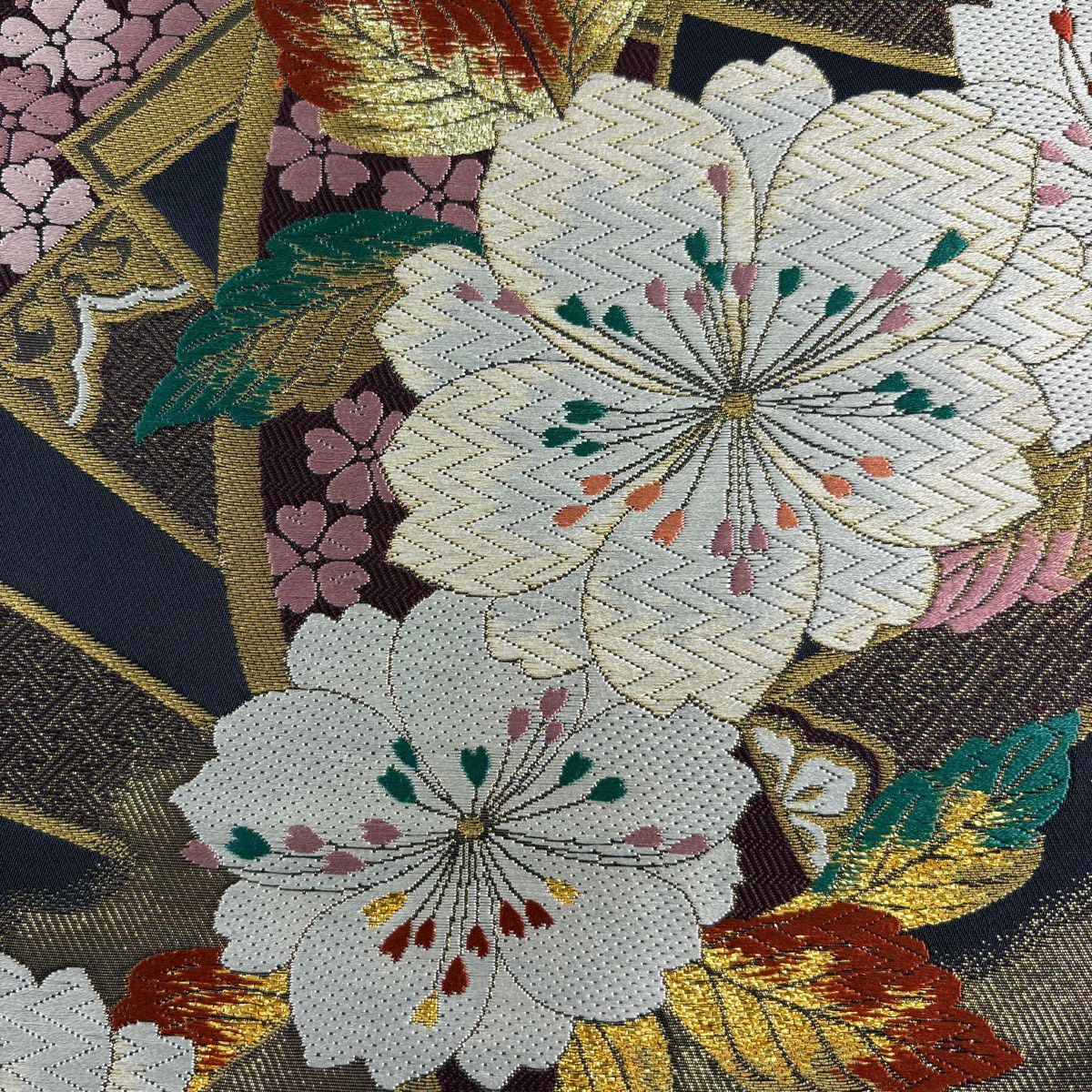 【美品】 袋帶 秀品級櫻花 源氏車 金絲 金金箔 黑 六通 純蠶絲