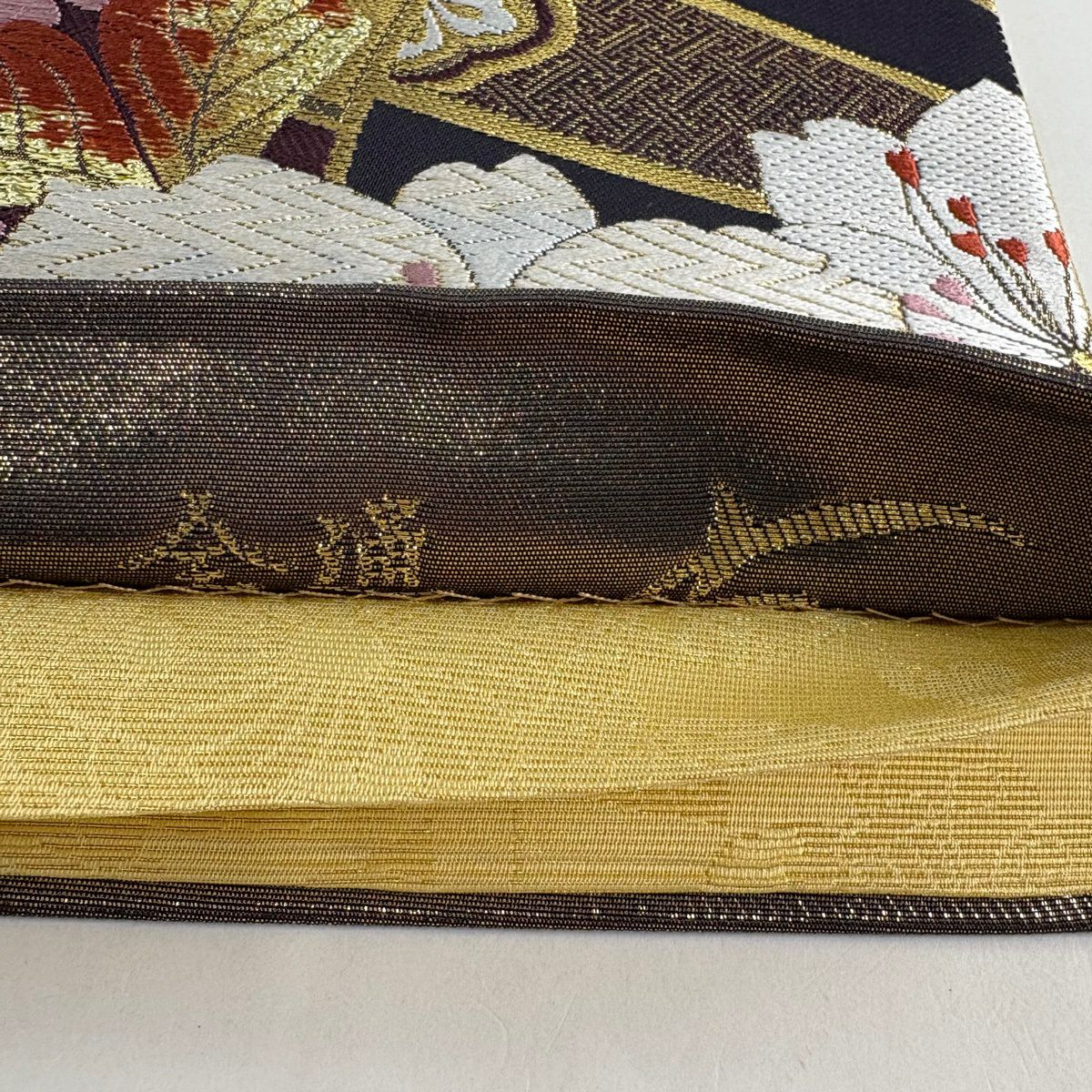 【美品】 袋帶 秀品級櫻花 源氏車 金絲 金金箔 黑 六通 純蠶絲