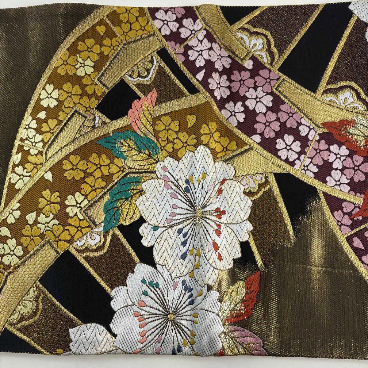 【美品】 袋帶 秀品級櫻花 源氏車 金絲 金金箔 黑 六通 純蠶絲