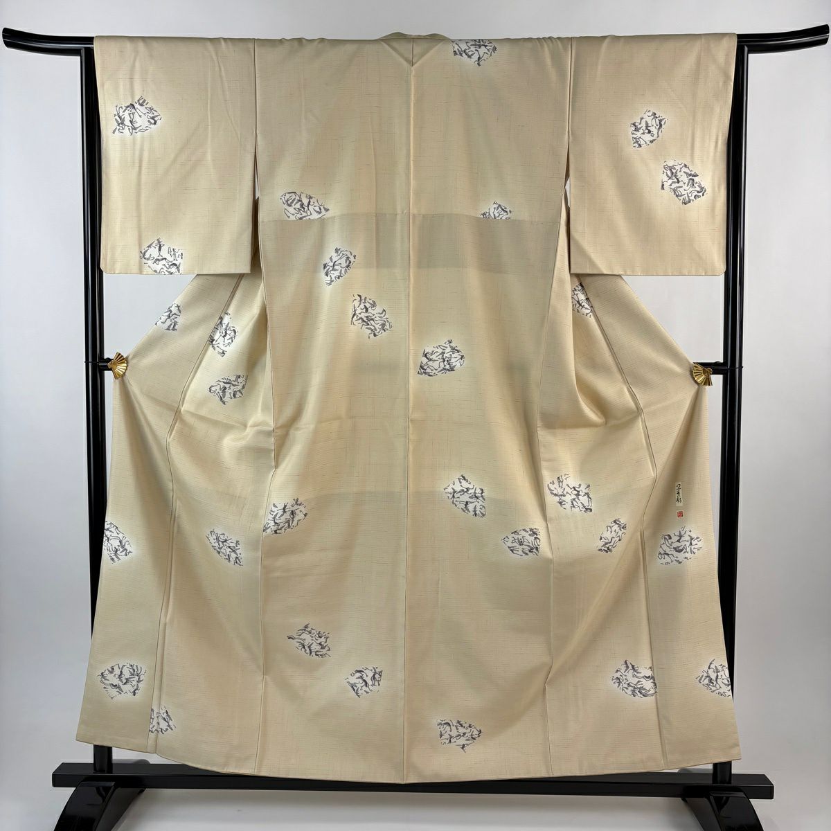 【美品】 小紋 身長158cm 袖長65cm M 雙層 馬骨子才林 紬織織 落款あり 扇子面 河童 漸層 米色 純蠶絲 逸品級