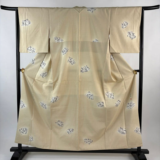 【美品】 小紋 身長158cm 袖長65cm M 雙層 馬骨子才林 紬織織 落款あり 扇子面 河童 漸層 米色 純蠶絲 逸品級